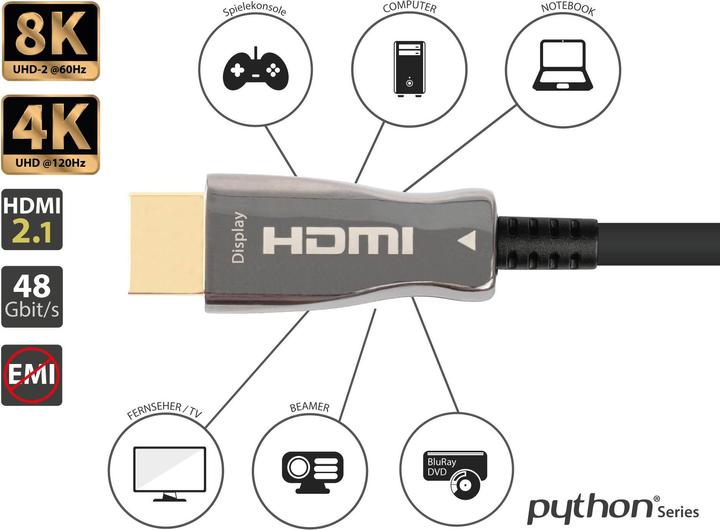Actual product image Python AOC Hybrid Ultra-High-Speed HDMI 2.1 Cable, 8K @60Hz / 4K @120Hz, 48 GBit/s, black, 20m (20 m, HDMI)