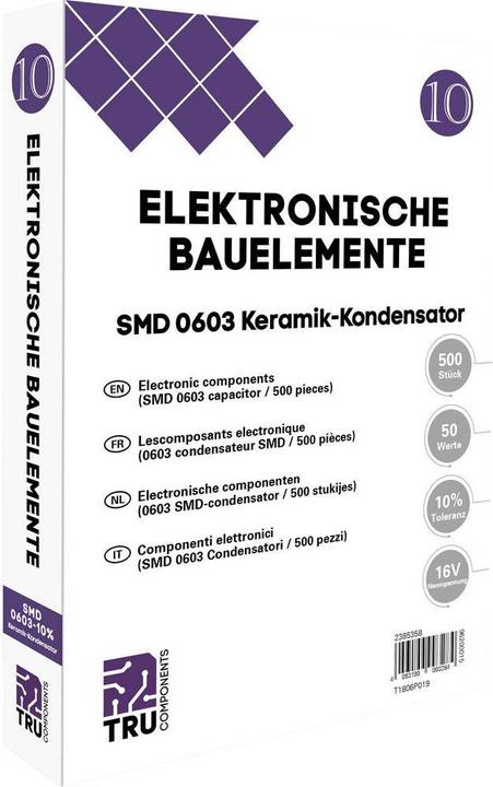 Actual product image Tru Components Ceramic capacitor assortment SMD 0603 16 V 10 % (L x W) 1.6 mm 0.8 500 parts tape cut
