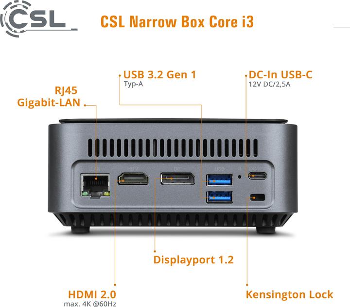 Immagine prodotto CSL Mini PC Narrow Box Core i3 / 32GB / 1000 GB M.2 SSD / Win 11 Home (Intel Core i3-N305, 32 GB, 1000 GB, Grafica Intel UHD)
