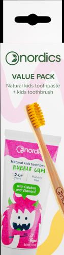 Nordics Tandpasta Kids Bubble Gum + Eco Tandenborstel Kids Geel