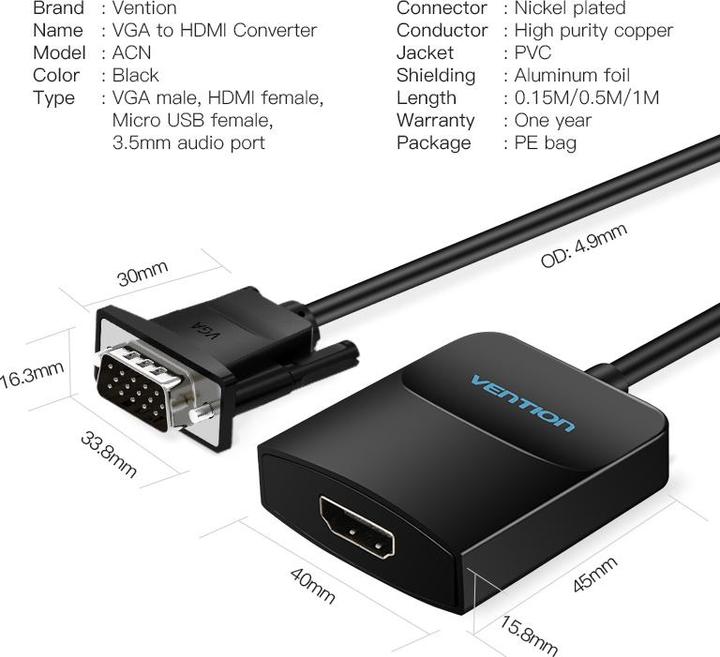 Produktbild Vention VGA zu HDMI Converter Kabel (Klinkenadapter)