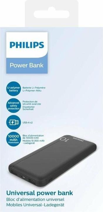 Actual product image Philips Slim Powerbank 10000mAh with LED + Micro-USB cable black (10000 mAh, 37 Wh)