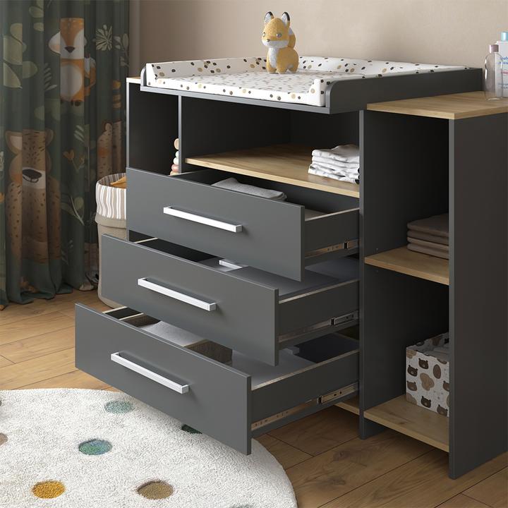 Actual product image Vichy Wickelkommode Oskar, Anthrazit/Goldkraft Eiche, 143.2 x 93 cm mit 3 Schubladen