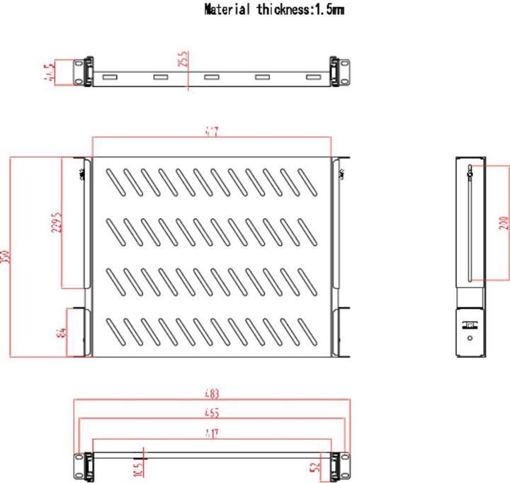Produktbild Renkforce 48.3 cm (19”³) Geräteboden mit Lüftungsschlitzen, Ausziehbar: 350 - 550 mm, 1 HE
