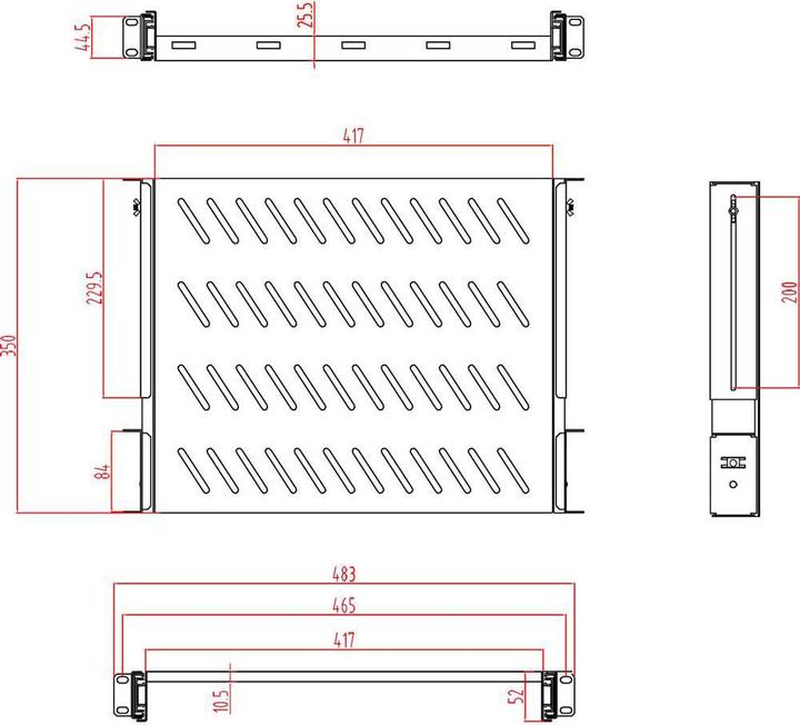 Produktbild Renkforce 48.3 cm (19”³) Geräteboden mit Lüftungsschlitzen, Ausziehbar: 350 - 550 mm, 1 HE