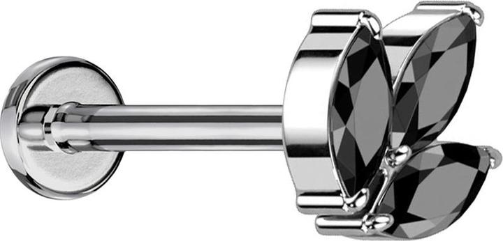 Star Piercing Micro Threadless Labret silber drei Oval Kristalle schwarz (ohne Messing, Titan G23)