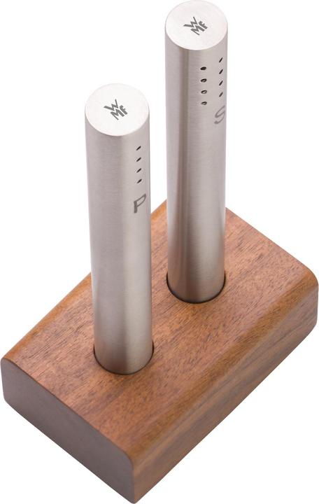 Produktbild WMF Salzstreuer und Pfefferstreuer Set 3-teilig Cromargan Edelstahl mattiert mit Holz-Ständer (Pfeffer, Salz)