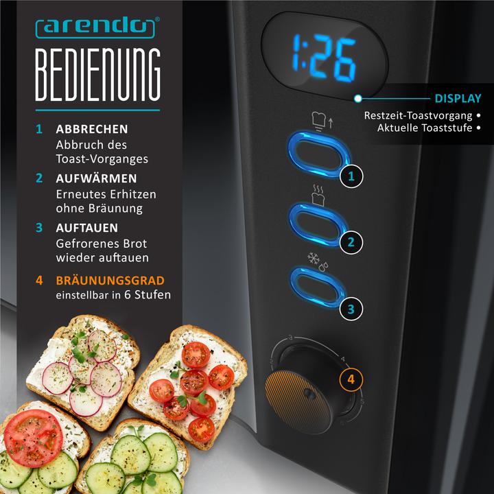 Actual product image Arendo Toaster Langschlitz Edelstahl 4 Scheiben, Brötchenaufsatz, Display mit Restzeitanzeige, Doppelwand