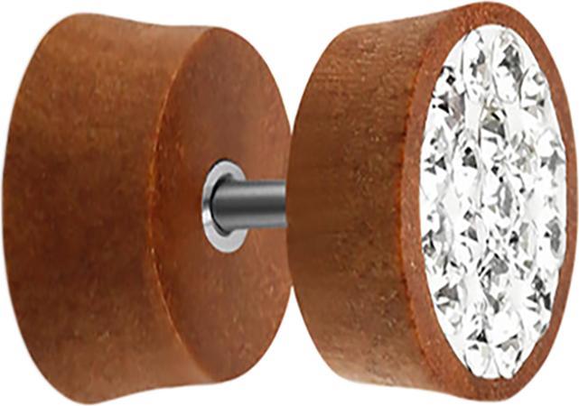 Star Piercing Fake Plug aus Sawo Holz mit Kristall silber und Epoxy Schutzschicht (ohne Messing, Organisch)