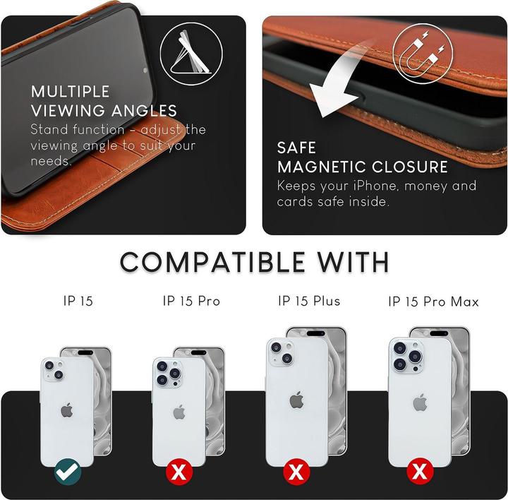 Immagine prodotto Nalia Custodia flip in vera pelle con chiusura magnetica (Apple iPhone 15)