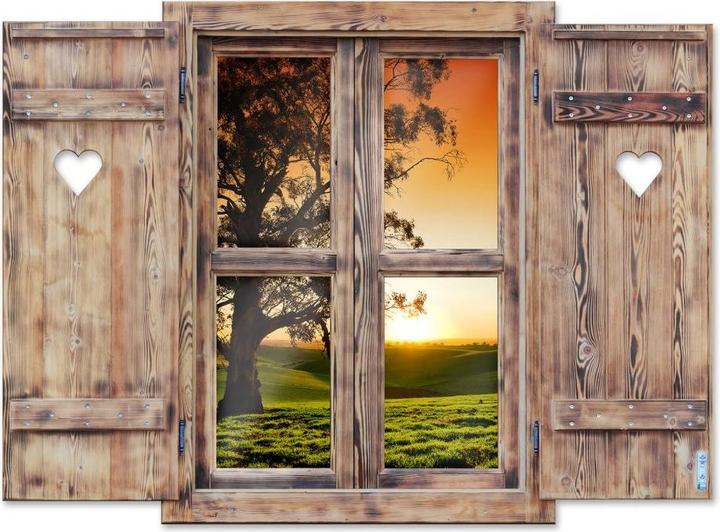 Trenddeko 3D wooden window with heart - sunset over the hills
