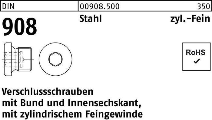 Produktbild SanDisk DIN 908 Verschlussschraube Feingewinde VG M30x1,5 Stahl 5.8 blank Innensechskant m. Bund (10 Schrauben pro Stück)