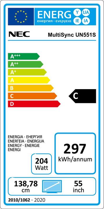 Energy Label NEC MultiSync UN551S (1920 x 1080 pixels, 55")