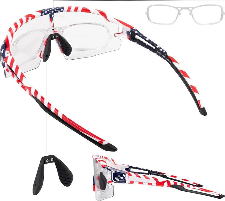 Actual product image Rockbros Cycling Glasses Photochromic with UV Protection and Corrective Insert 14120008002 - USA Pat (White with US flag motif)