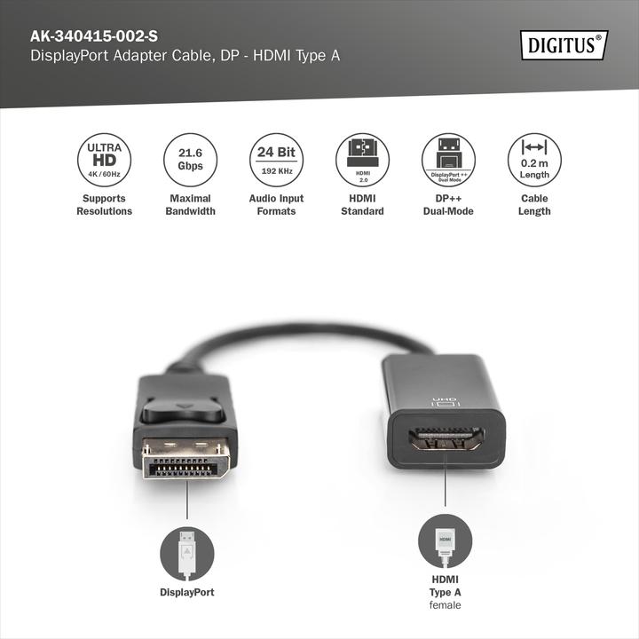 Image du produit Digitus Acte. Câble adaptateur DP vers HDMI (HDMI, 25.20 cm)