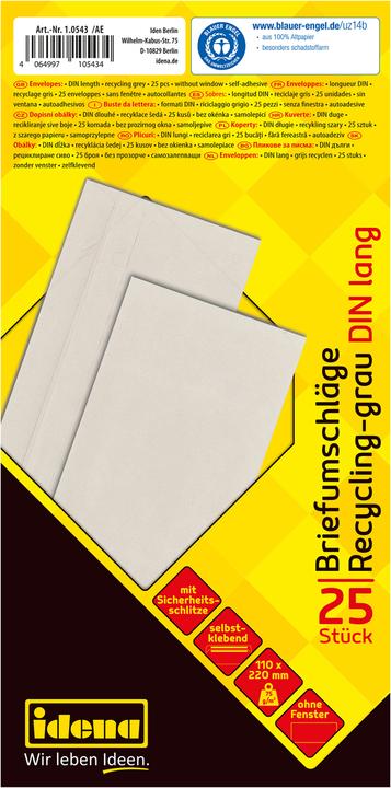 Image du produit Idena BU DIN long recycl. sk, o.F.,75g/m²,25 pièces (DIN long (11 x 22 cm), 25 x)