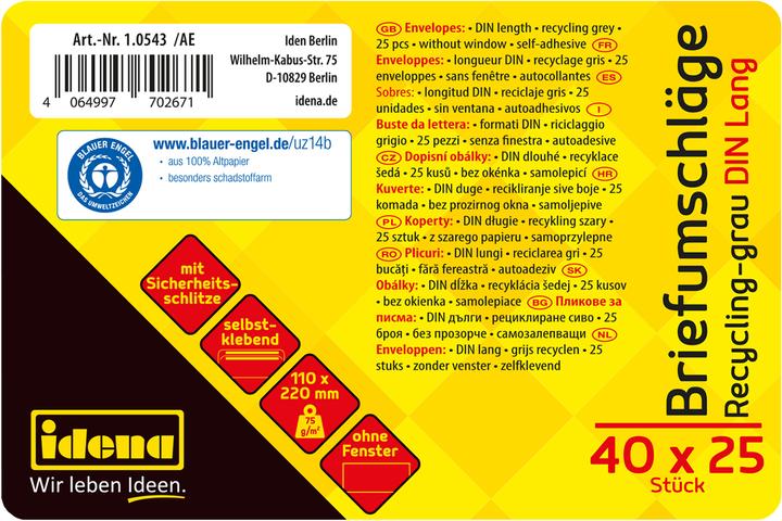 Image du produit Idena BU DIN long recycl. sk, o.F.,75g/m²,25 pièces (DIN long (11 x 22 cm), 25 x)