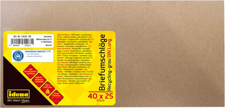 Image du produit Idena BU DIN long recycl. sk, o.F.,75g/m²,25 pièces (DIN long (11 x 22 cm), 25 x)