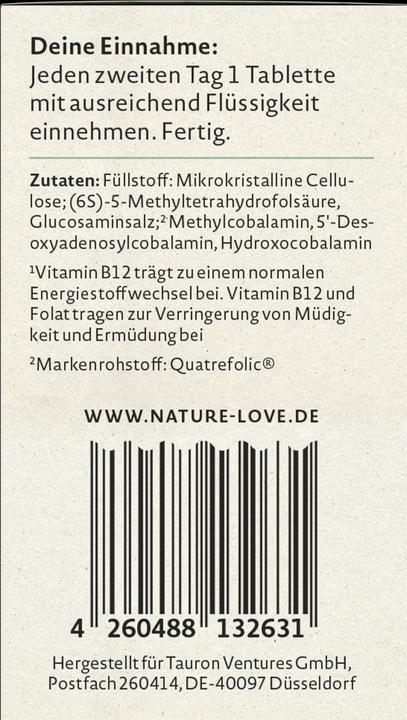 Nährwerte und Zutaten Nature Love Vitamin B12 (1 Stück, Tabletten, 27 g)