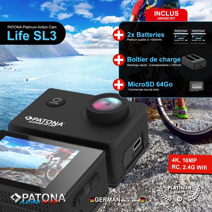 Actual product image Patona BIG SET Action Cam Life SL3 4K 120fps 16mp 120° 4G+IR Akkus+Dualladegerät+64GB Karte+Zubehör (Wi-Fi)