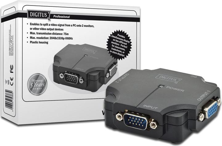 Actual product image Digitus VGA Splitter 2-Port 350MHz int.power amplifier up to 75m max resolution 2048x1536 at 60Hz