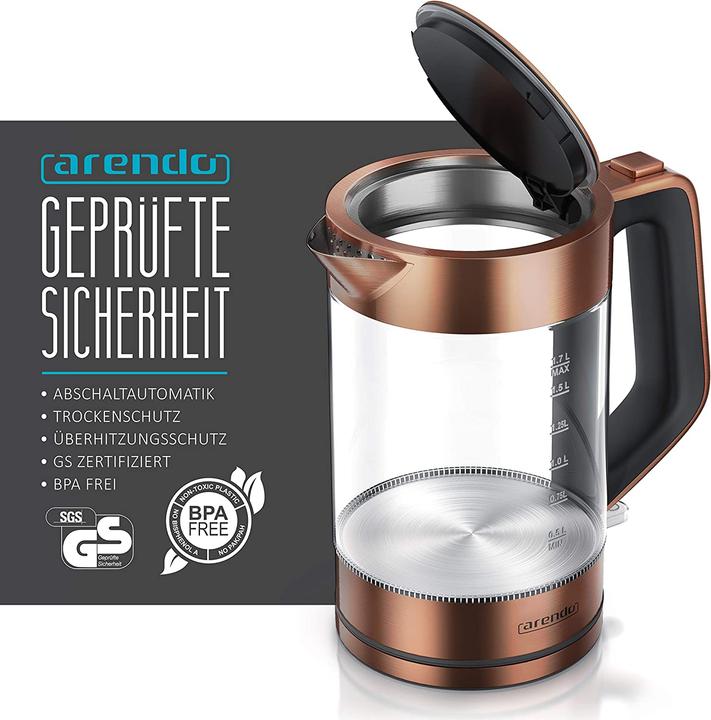 Immagine prodotto Arendo Bollitore in vetro massiccio in acciaio inox, rame (1.70 l)
