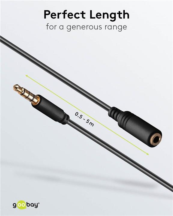 Actual product image Goobay Headphone and audio extension cable AUX, 4-pin 3.5 mm slim, CU (0.50 m, 3.5mm jack (AUX))