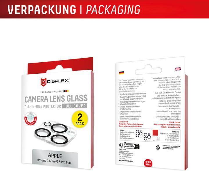 Image du produit Displex Full Cover Camera Lens Glass, Kamera Schutzglas, Platte, Doppelpack (2 pièce(s), Apple iPhone 16 Pro, Apple iPhone 16 Pro Max)