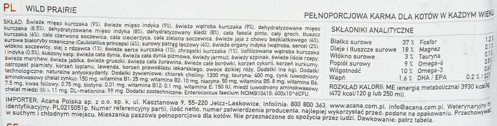 Nährwerte und Zutaten Acana Wild Prairie (Junior, Adult, Senior, 1 Stk., 4500 g)