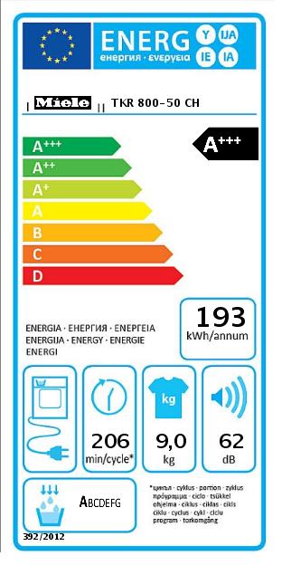 Label énergétique Miele Tkr 800-50 Ch (9 kg, Gauche)