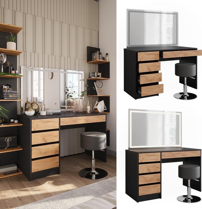 Actual product image Vicco Dressing table Sherry, Anthracite/golden oak, 120 x 75 cm with LED mirror and stool (120 x 75 x 55 cm)