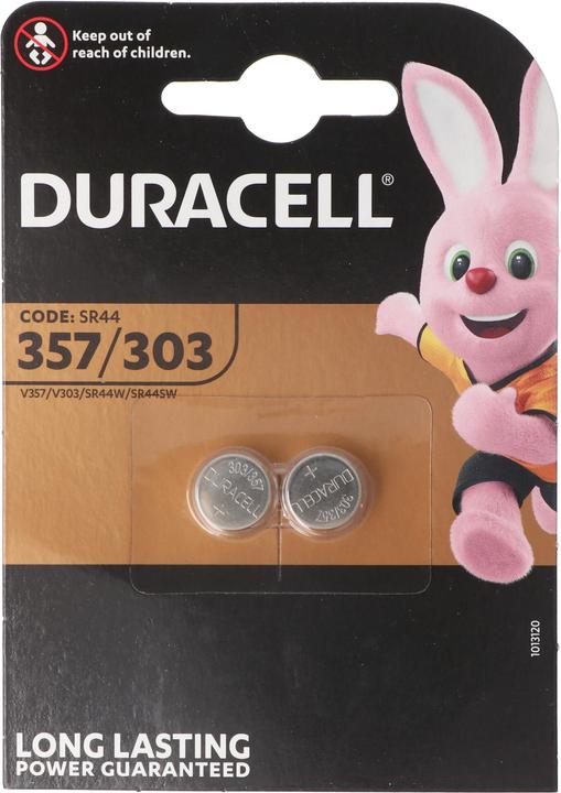 Actual product image Duracell 357, 303, V357, V303, SR44, SR44SW, Uhrenbatterie D357, 2er Blister (2 pcs., 190 mAh)