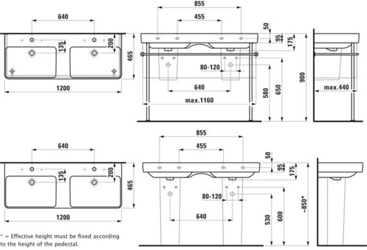 Produktbild Laufen PRO S Doppelwaschtisch, je 1 Hahnloch, mit Überlauf, 1200x460mm, H814966 (1250 mm, 235 mm)
