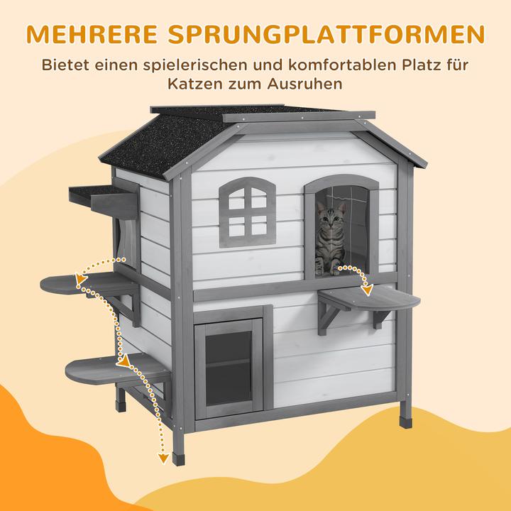 Produktbild PawHut Katzenhaus Tannenholz Hellgrau+Weiss (Katze)