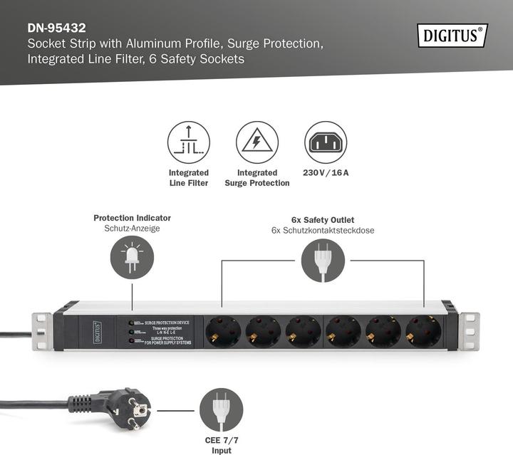 Produktbild Digitus Steckdosenleiste mit Aluminiumprofil und Überspannungsschutz, integrierter Netzfilter, 6-fach Schutz (6 x, CEE 7/3, 2 m)