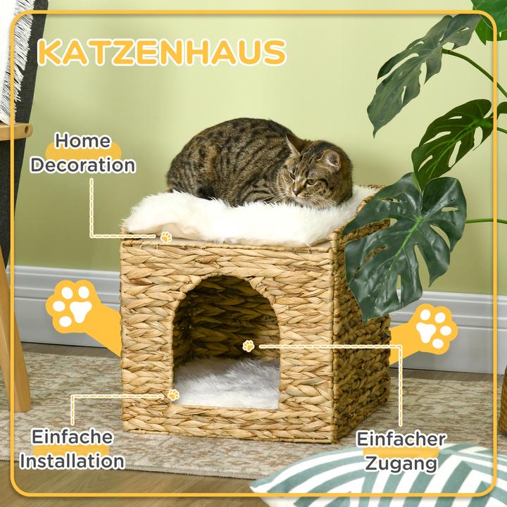 Produktbild PawHut Rattan Katzenhaus mit Kissen (Katze)
