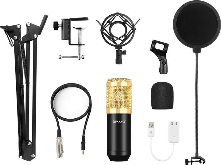 Produktbild Puluz Studio Broadcast Microphone Kit w Scissor Arm & Metal Shock Mount & USB Sound Card (Gold)