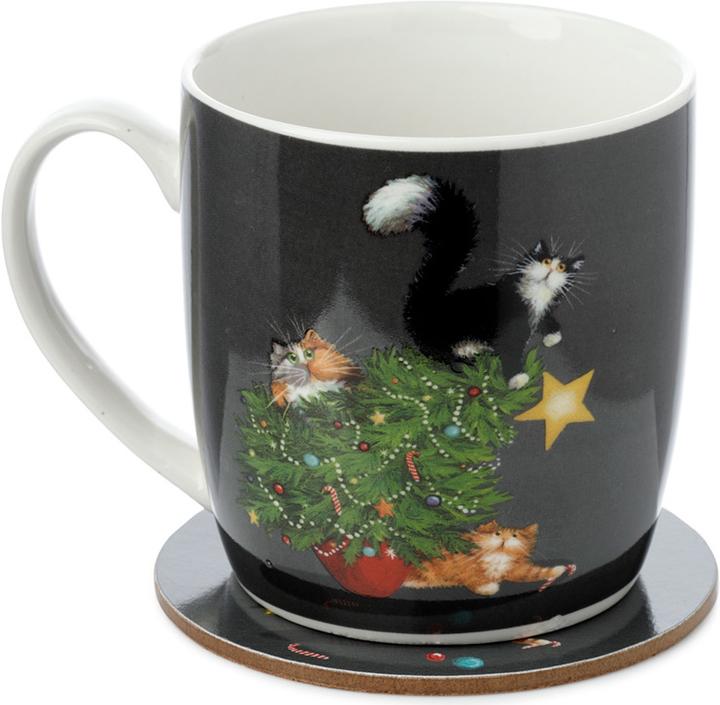 Produktbild Puckator Weihnachten Kim Haskins Weihnachtsbaum Katze Tasse & Untersetzer Set aus Porzellan