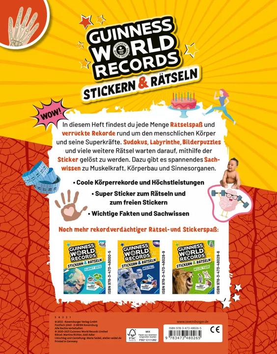 Produktbild Ravensburger Guinness World Records Stickern und Rätseln: Körper (Deutsch, Martine Richter, Eddi Adler, 2022)