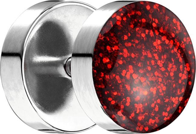 Star Piercing Fake Plug mit glitter Kuppel rot (ohne Messing, Chirurgenstahl 316L)