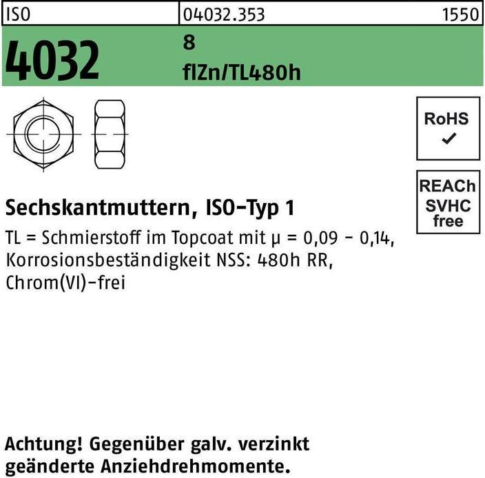 Bufab Sechskantmutter ISO 4032 M 8 8 zinklamellenbes. Gleitm. flZnnc 480h-L (M8)