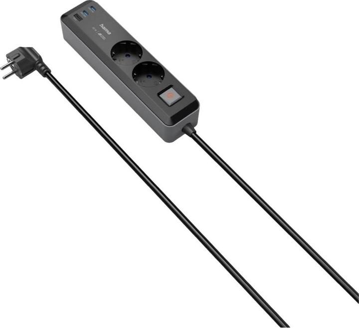 Actual product image Hama Power strip, 2-way, USB-C/A 65W, PD, switch, 1.4 m, black/grey (2 x, CEE 7/3, 1.40 m)