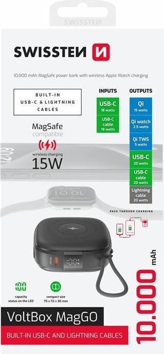 Produktbild Swissten Power Bank Voltbox Maggo 10000 Mah with Built-In Cables + Magsafe + Apple Watch (10000 mAh, 20 W, 15 Wh)