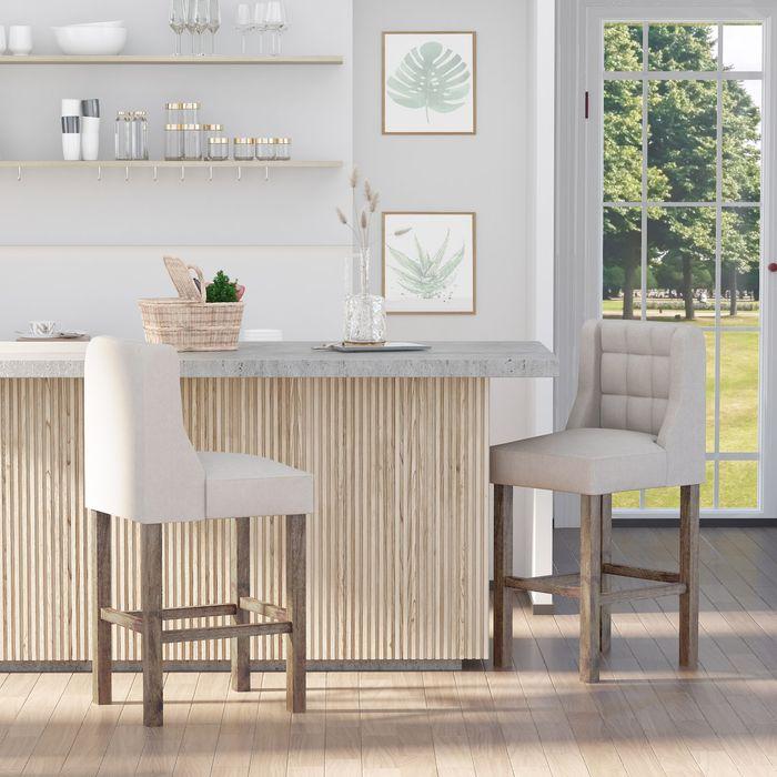 Produktbild Swisshandel24 Barhocker-Set, 2-teilig, niedrige Rückenlehne, Leinen-Touch Gummiholz Beige 47 x 50 x 101 cm
