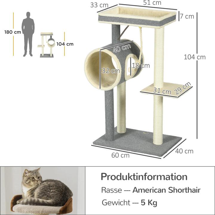 Actual product image PawHut Scratching post with cat bowl and play ball (104 cm, Beige, Cream, Cream white, Grey)