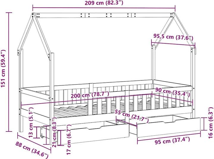 Actual product image VidaXL Cot with drawers (90 x 200 cm)