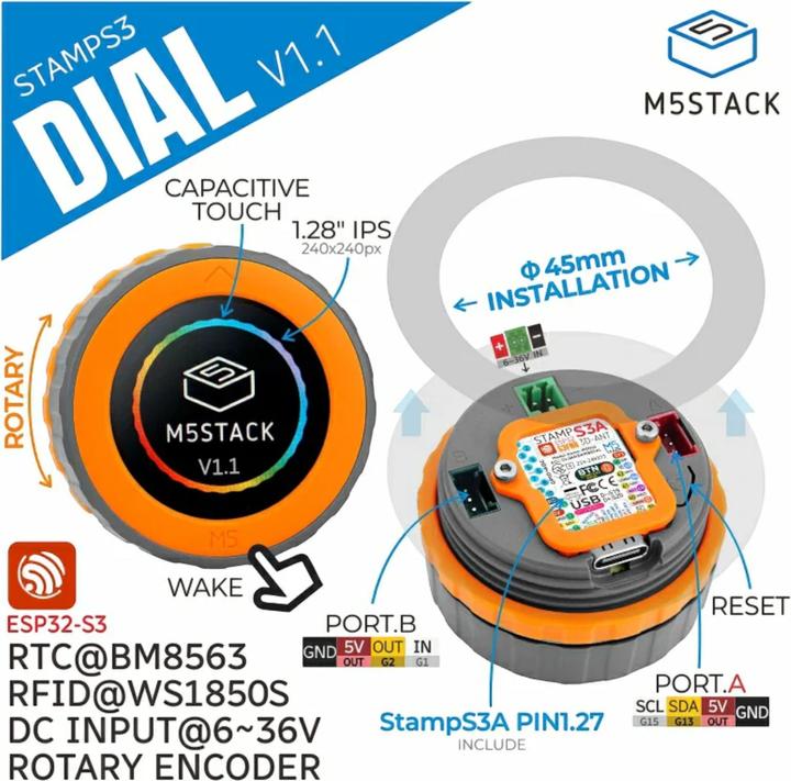 Image du produit M5Stack Dial V1.1 ESP32-S3 Intelligenter Drehknopf mit 1.28 Zoll Touchscreen