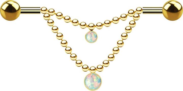 Produktbild Star Piercing Barbell vergoldet zwei Kugeln zwei Ketten Opal weiss (Chirurgenstahl 316L)