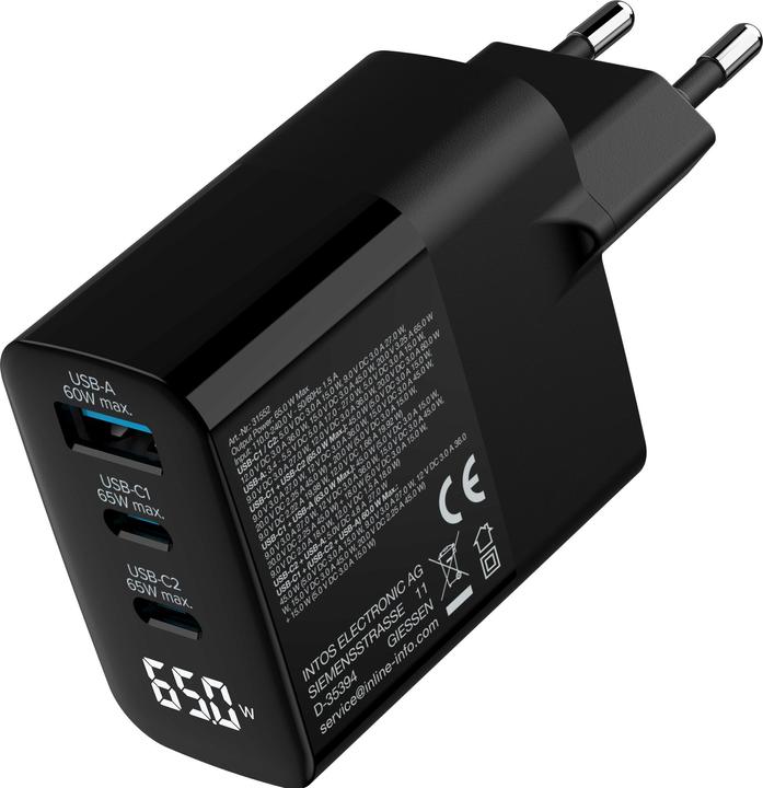 Produktbild InLine USB PD Netzteil, GaN Ladegerät, 3-Port, USB-C + USB-A, 65W, mit Display, schwarz (65 W)