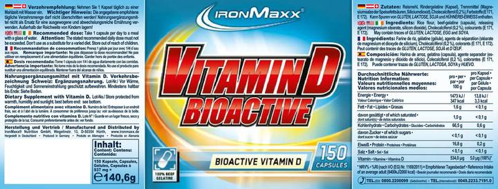 Nährwerte und Zutaten IronMaxx Vitamin D Bioactive (150 Stück, Kapseln, 500 g)